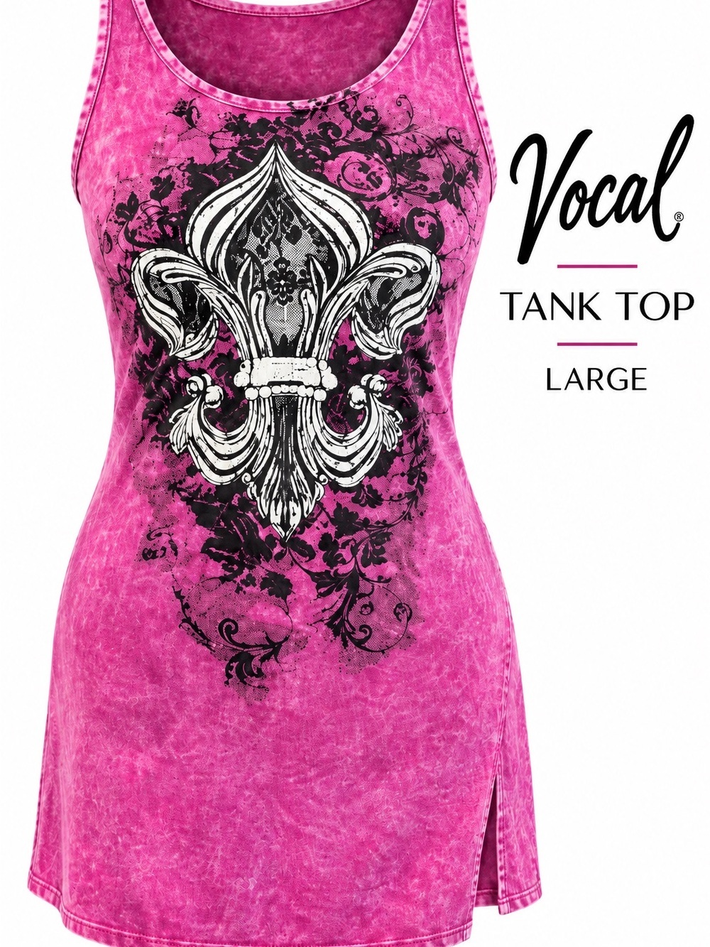 Vocal Women’s Large Pink Mineral Wash Fleur de Lis Graphic Tank Top Rhinestone